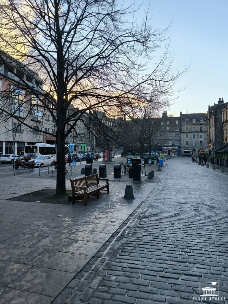 View of the tranquil Grassmarket, an area filled with historic charm, and must-stop in your 4 days in Edinburgh itinerary.