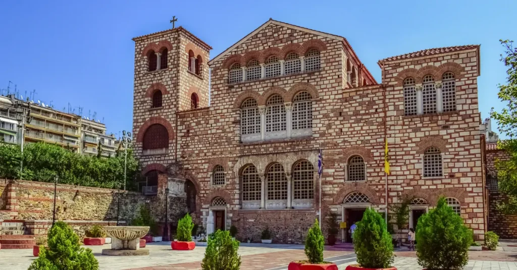 The famous Church of Agios Dimitrios in Thessaloniki with its distinctive brick facade.