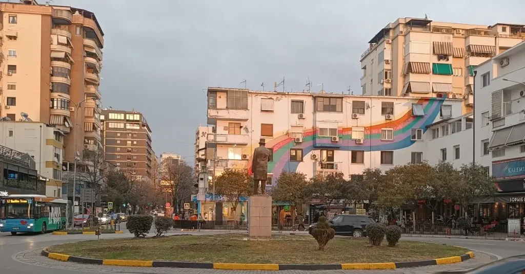 A rainbow graffiti on an old building in Tirana's center.