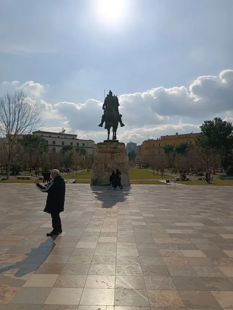 The statue of Skanderbeg at the cental square of Tirana Albania.